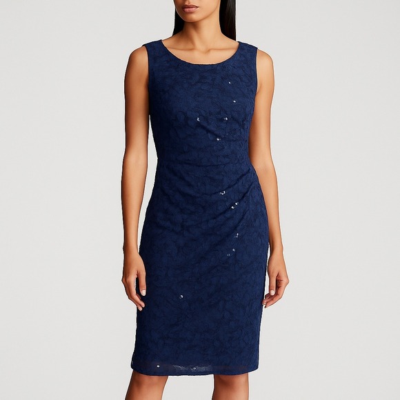 Lauren Ralph Lauren Navy Lace Sequin Sheath Dress‎ Women's 8 Gathered Waist NWT - Picture 1 of 12